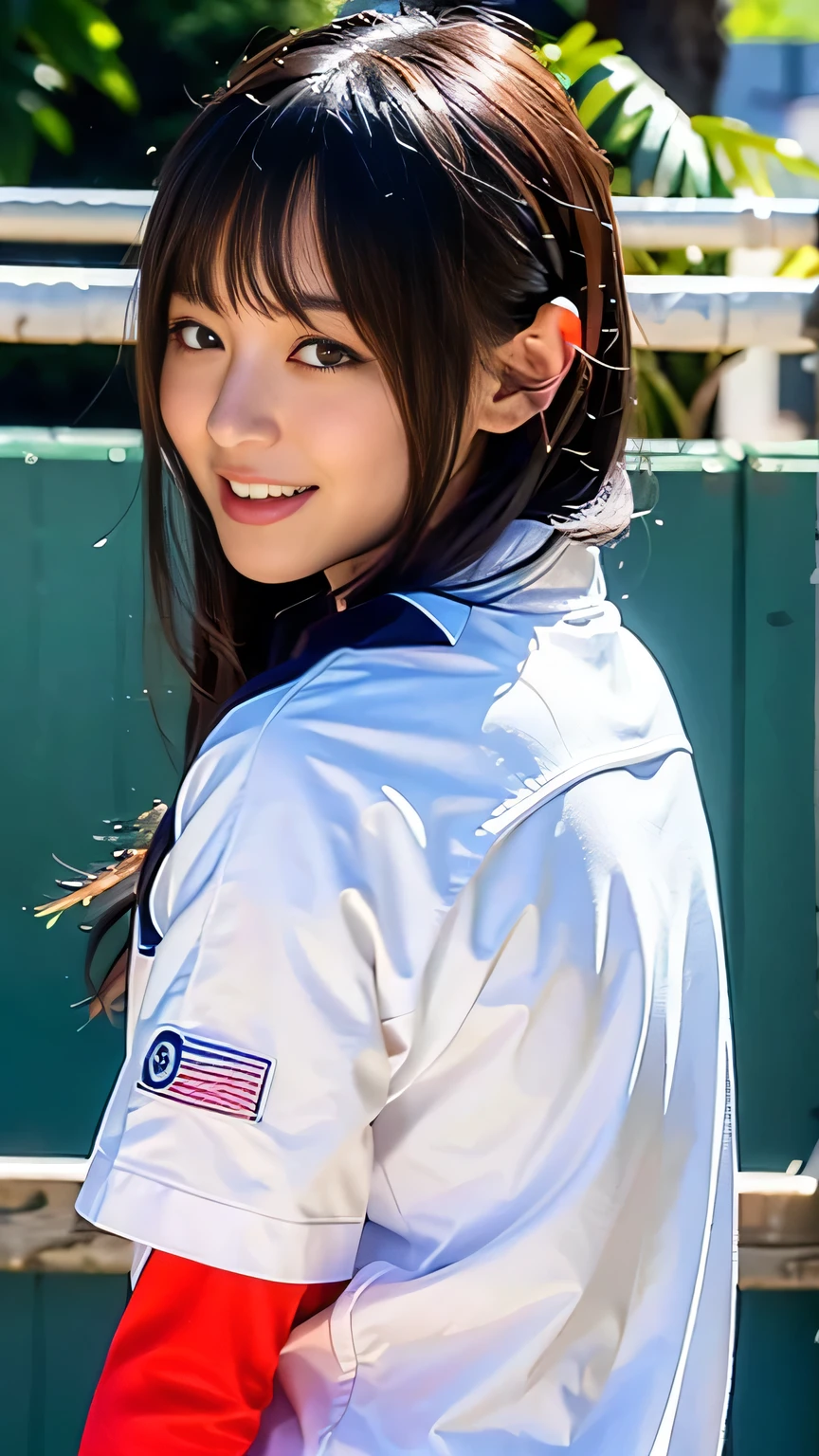 ((Highest quality, masterpiece, Ultra-high resolution, (Realistic:1.4), RAW Photos)),  Ezvian everywhere, One Girl, Famous Japanese idols, 17 years old,　Volleyball Uniforms、 Show Viewer, Very cute face,  Kind eyes、Very beautiful black hair, Long Bob Hair、Detailed face, fine grain, Thin Hair, A girl with a pure and innocent image,　Laughter、