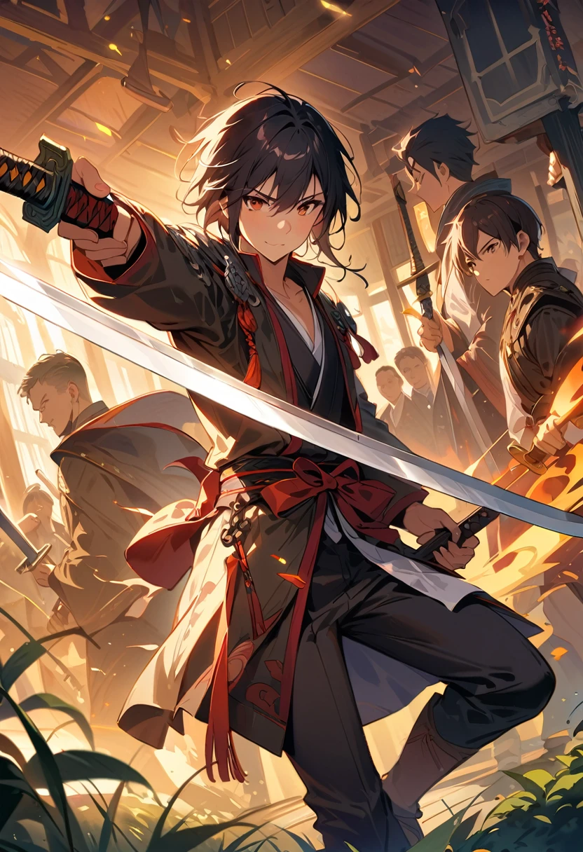 {{masterpiece、best quality、(((Practical、Reality:1.37)))、((Two men in sword fight and others))、8K picture quality、Very delicate and beautiful、wonderful、Large file size、Very detailed、Very detailed、Cinema Lighting}}、A scene of multiple warriors slashing at each other with swords、A scene from a period drama、The light of the Japanese sword gleams in the dark、arm, Body, The swords of the men in battle do not overlap、Intense katana sword fighting and flash、解剖学上准确的Body描绘、Perfect fingers,Sword、The Interiors and Gardens of a Japanese Feudal Lord'Target address、