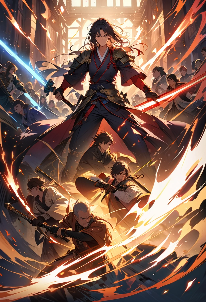 {{masterpiece、best quality、(((Practical、Reality:1.37)))、((Two men in sword fight and others))、8K picture quality、Very delicate and beautiful、wonderful、Large file size、Very detailed、Very detailed、Cinema Lighting}}、A scene of multiple warriors slashing at each other with swords、A scene from a period drama、The light of the Japanese sword gleams in the dark、arm, Body, The swords of the men in battle do not overlap、Intense katana sword fighting and flash、解剖学上准确的Body描绘、Perfect fingers,Sword、The Interiors and Gardens of a Japanese Feudal Lord'Target address、