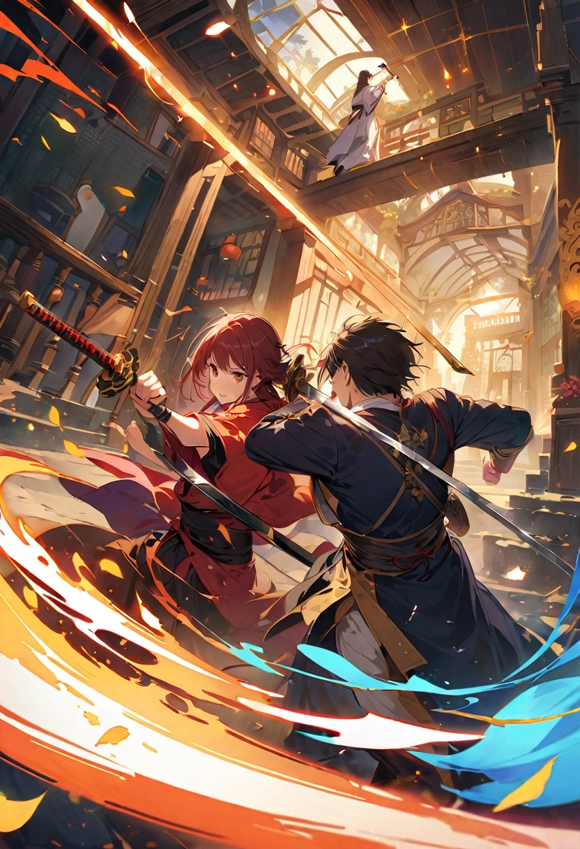 {{masterpiece、best quality、(((Practical、Reality:1.37)))、((Two men in sword fight and others))、8K picture quality、Very delicate and beautiful、wonderful、Large file size、Very detailed、Very detailed、Cinema Lighting}}、A scene of multiple warriors slashing at each other with swords、A scene from a period drama、The light of the Japanese sword gleams in the dark、arm, Body, The swords of the men in battle do not overlap、Intense katana sword fighting and flash、解剖学上准确的Body描绘、Perfect fingers,Sword、The Interiors and Gardens of a Japanese Feudal Lord'Target address、