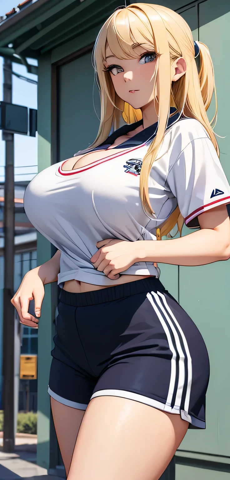 beautiful detailed 25 years old female japanese, wearing Sports Uniform: A fitted athletic uniform with a team logo, shorts, and sneakers, beautiful face, shiny white skin, blonde hair, slender, ultra large saggy breasts, massive cleavage exposed, school background