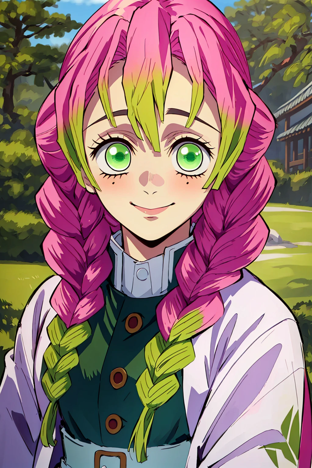 (Masterpiece - Ultra-Detailed, High Resolution) kanroji mitsuri, demon slayer, 1girl, solo, upper body, nature, sky, long hair, smiling, green eyes, pink hair, braid, outdoors, green hair, mole, blurry, twin braids, mole under eye, parody, portrait, demon slayer uniform,