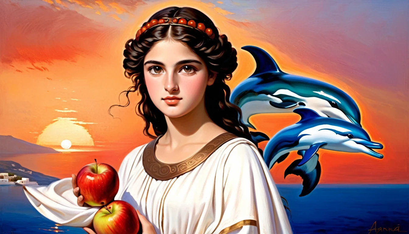 [[(front full portrait: (young Greek girl of the period of antiquity with apple) in a white Greek tunic), on Parnas, ((Anjolra Dolphin style)), [dress ((Anjolra Dolphin style))]):20]/[background: ancient Greece ampir , old canva, (scarlet sunset), ((style antique greece))]/[very colorful,((oil painting palette knife))((masterpiece))]]