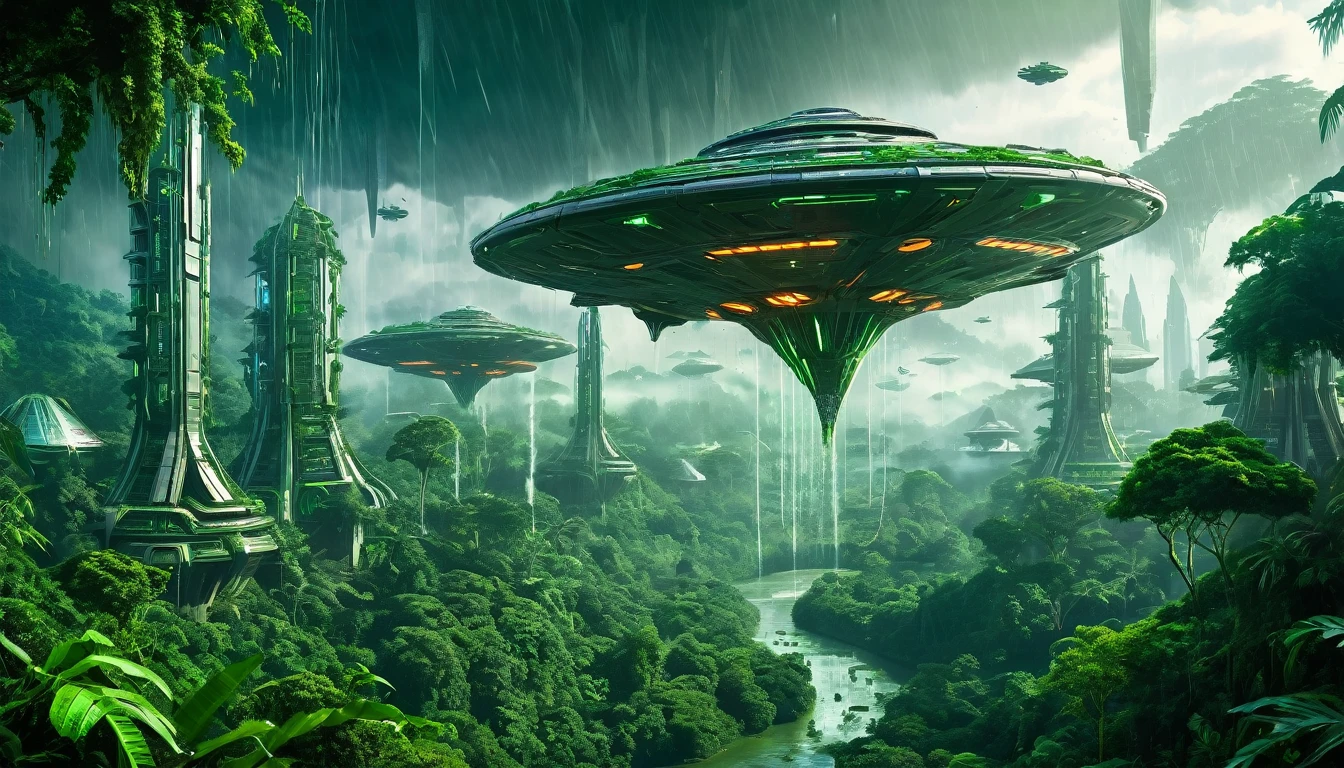 Massive, futuristic alien ships with a metallic, angular design firing energy beams and raining destruction on a lush, verdant rainforest landscape. Fleeing Verdantian inhabitants and buildings/structures being destroyed.