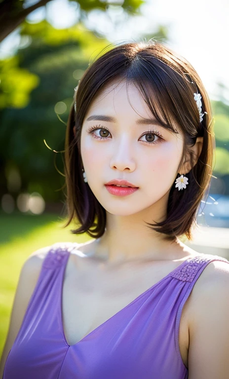 (a beautiful woman, age 33, outdoor morning dawn, wearing a purple see-through dress, White daisy hair accessories, short disheveled hair, super definition face, fine eyes with double eyelids, dimpled cheeks, beautiful lips, fair skin, super cute and soft face, brown hair, soft toned body, ample round ?????, 8k resolution, super realistic, super definition, highest definition, masterpiece, bokeh_background, SFW)