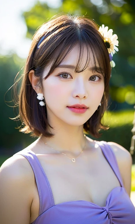 (a beautiful woman, age 33, outdoor morning dawn, wearing a purple see-through dress, White daisy hair accessories, short disheveled hair, super definition face, fine eyes with double eyelids, dimpled cheeks, beautiful lips, fair skin, super cute and soft face, brown hair, soft toned body, ample round bosom, 8k resolution, super realistic, super definition, highest definition, masterpiece, bokeh_background, SFW)