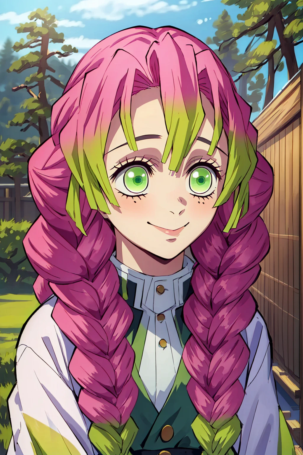 (Masterpiece - Ultra-Detailed, High Resolution) kanroji mitsuri, demon slayer, 1girl, solo, upper body, nature, sky, long hair, smiling, green eyes, pink hair, braid, outdoors, green hair, mole, blurry, twin braids, mole under eye, parody, portrait, demon slayer uniform, peitos grandes, decote