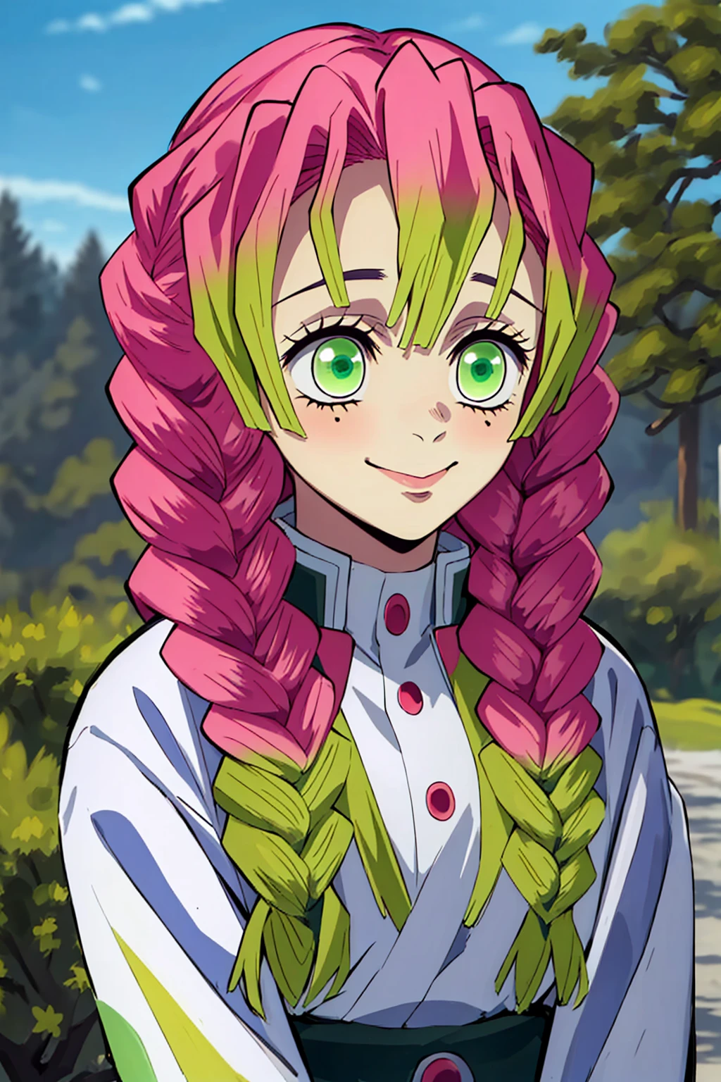 (Masterpiece - Ultra-Detailed, High Resolution) kanroji mitsuri, demon slayer, 1girl, solo, upper body, nature, sky, long hair, smiling, green eyes, pink hair, braid, outdoors, green hair, mole, blurry, twin braids, mole under eye, parody, portrait, demon slayer uniform, peitos grandes, decote