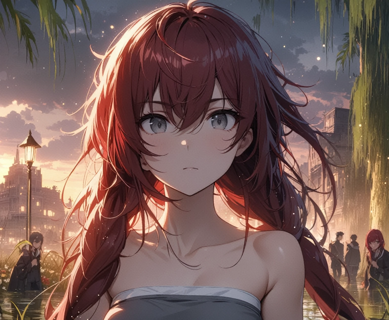 Highest Quality, masterpiece, light particles, gray eyes, dark red hair in low twin tails, swept bangs, stoic, small breasts, toned arms, strapless gray shirt with white trim, black jeans, swamp, dusk, buildings, flowers, 