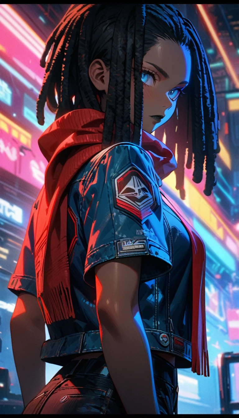 Adult girl, ebony skin, long black dreadlocks, blue eyes, black lipstick, blue leather jacket, short sleeves, black jeans, short stature, red scarf, cyberpunk, Masterpiece, best quality, Full HD, 8k, ultra details, great graphic