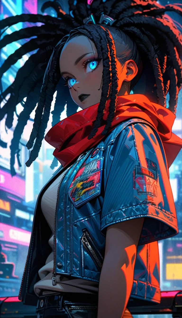 Adult girl, ebony skin, long black dreadlocks, blue eyes, black lipstick, blue leather jacket, short sleeves, black jeans, short stature, red scarf, cyberpunk, Masterpiece, best quality, Full HD, 8k, ultra details, great graphic