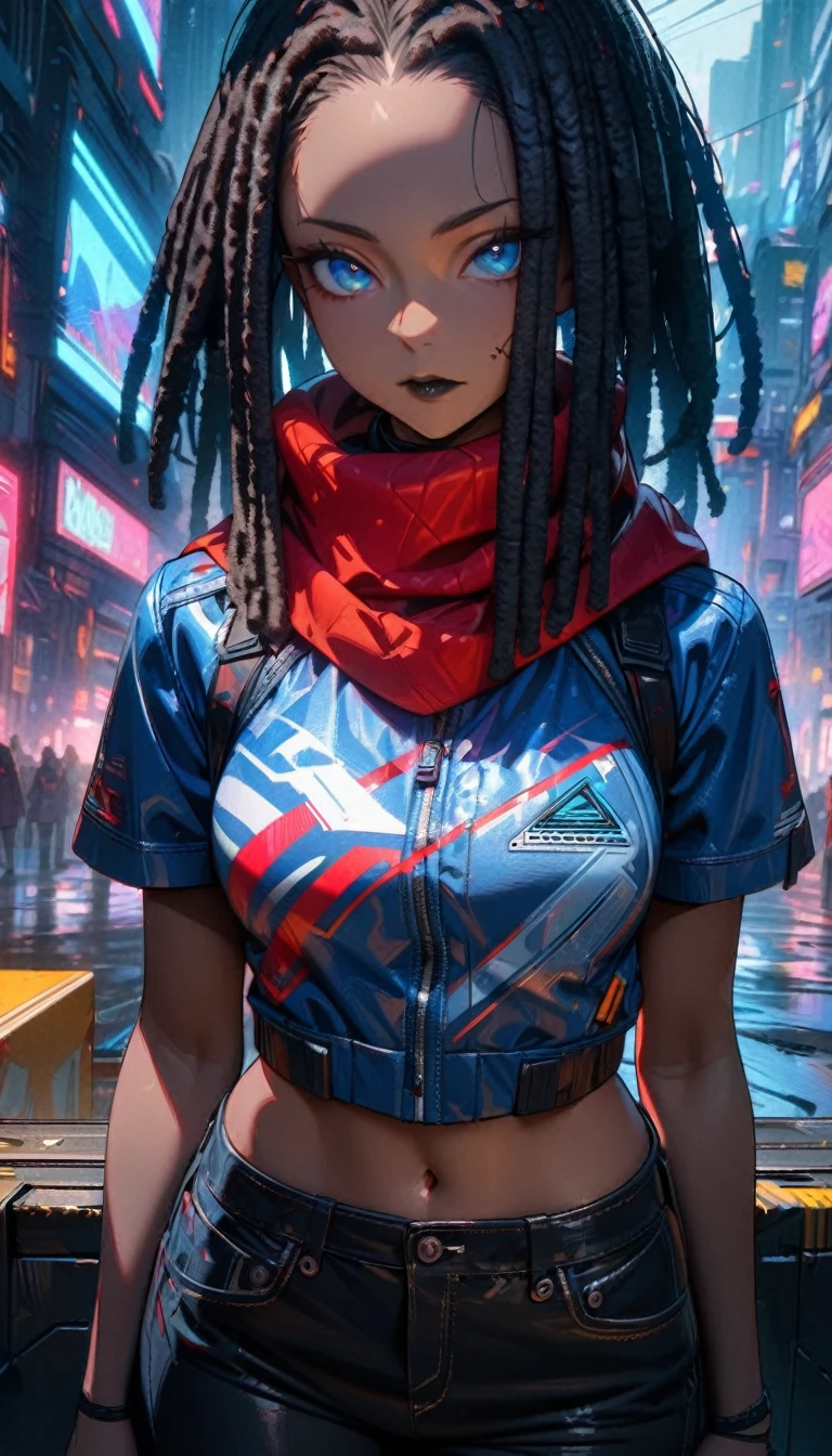 Adult girl, ebony skin, long black dreadlocks, blue eyes, black lipstick, blue leather jacket, short sleeves, black jeans, short stature, red scarf, cyberpunk, Masterpiece, best quality, Full HD, 8k, ultra details, great graphic