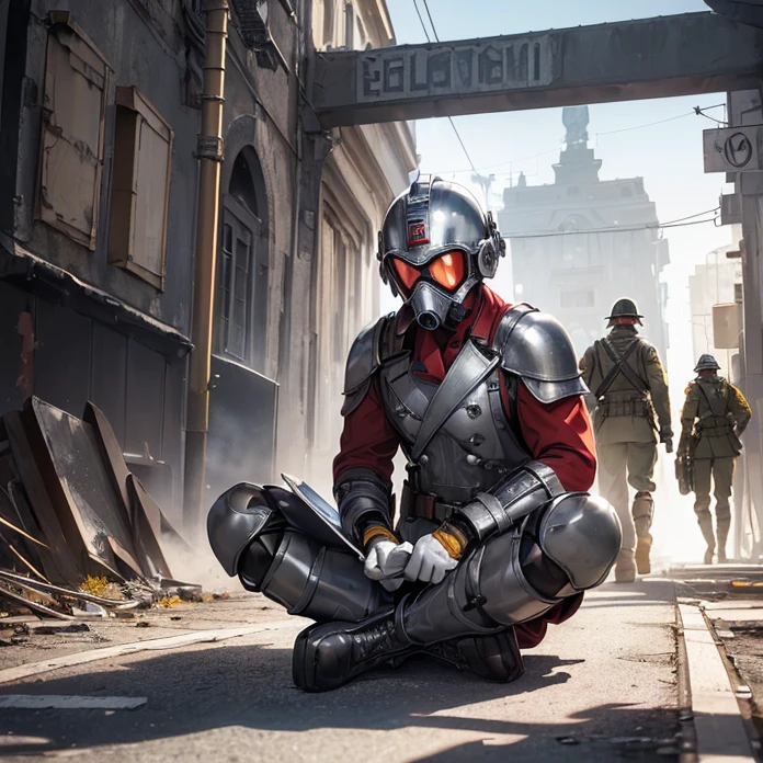 High Resolution, Masterpiece, HD, High Quality, Backlighting, Overexposure, Optical Illusion, Silhouette,
Anime Style, Apocalypse, Chaos, Digital Art, Multiple Views,
Multiple characters, german people, brazilian people,
{{((1soldier: Marvel comics Star-Lord: (red Whistle Around Neck, silver WW1-german helmet silver GasMask On Head Yellow Goggles, silver GasMouth Mask), (grey german uniform, golden buttons onward on torso, red bands on torso, golden eagle crest on chest, silver shoulder plates silver Elbow Pads, red gloves, red belt, grey german pants, red long boots), (sitting resting over the floor while writing on his notebook at the street ruins),(brazilian city ruins, soldiers helping civilians, brazilian people and german people helping each other))}}