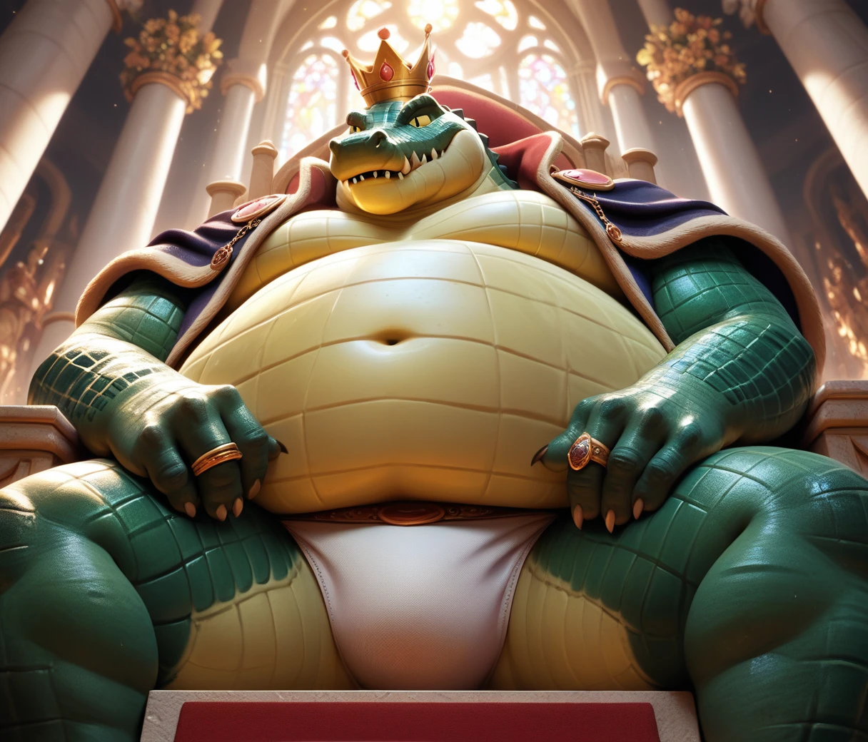 (cute, fat, obese, anthro, male, crocodile), sitting in throne naked, vest, white briefs, medieval crown, jewelry, luxurious cloak, golden rings, (low-angle view), at throne room, highly detailed, intricate details, best quality, masterpiece, sunshine, light rays, detailxl
