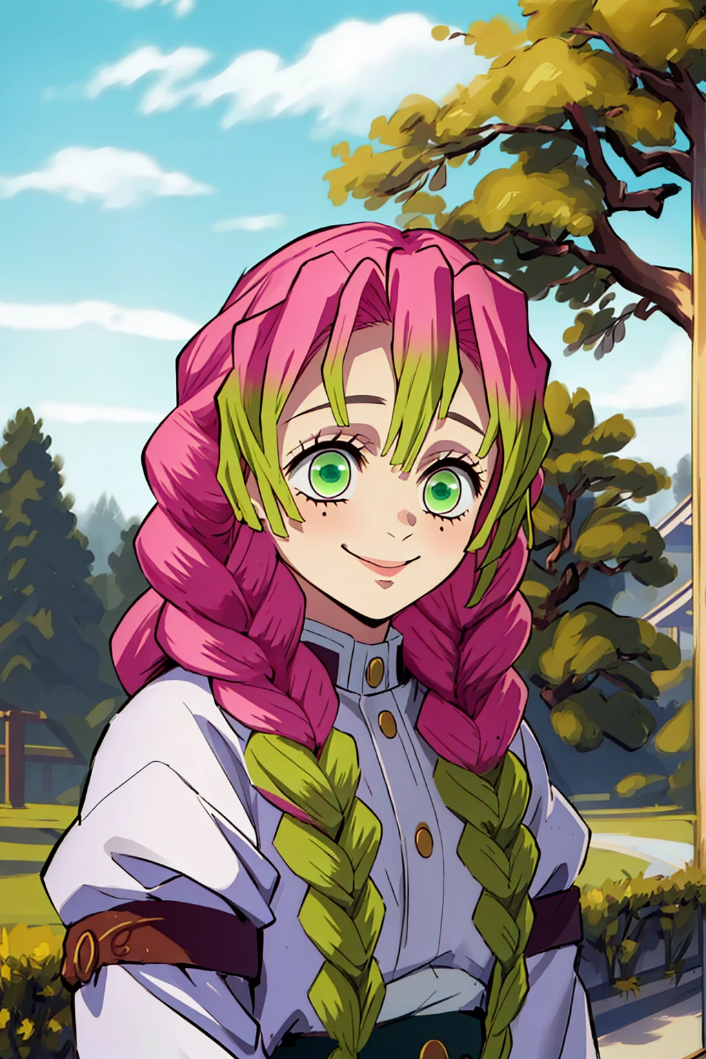 (Masterpiece - Ultra-Detailed, High Resolution) kanroji mitsuri, demon slayer, 1girl, solo, upper body, nature, sky, long hair, smiling, green eyes, pink hair, braid, outdoors, green hair, mole, blurry, twin braids, mole under eye, parody, demon slayer uniform, peitos grandes, decote