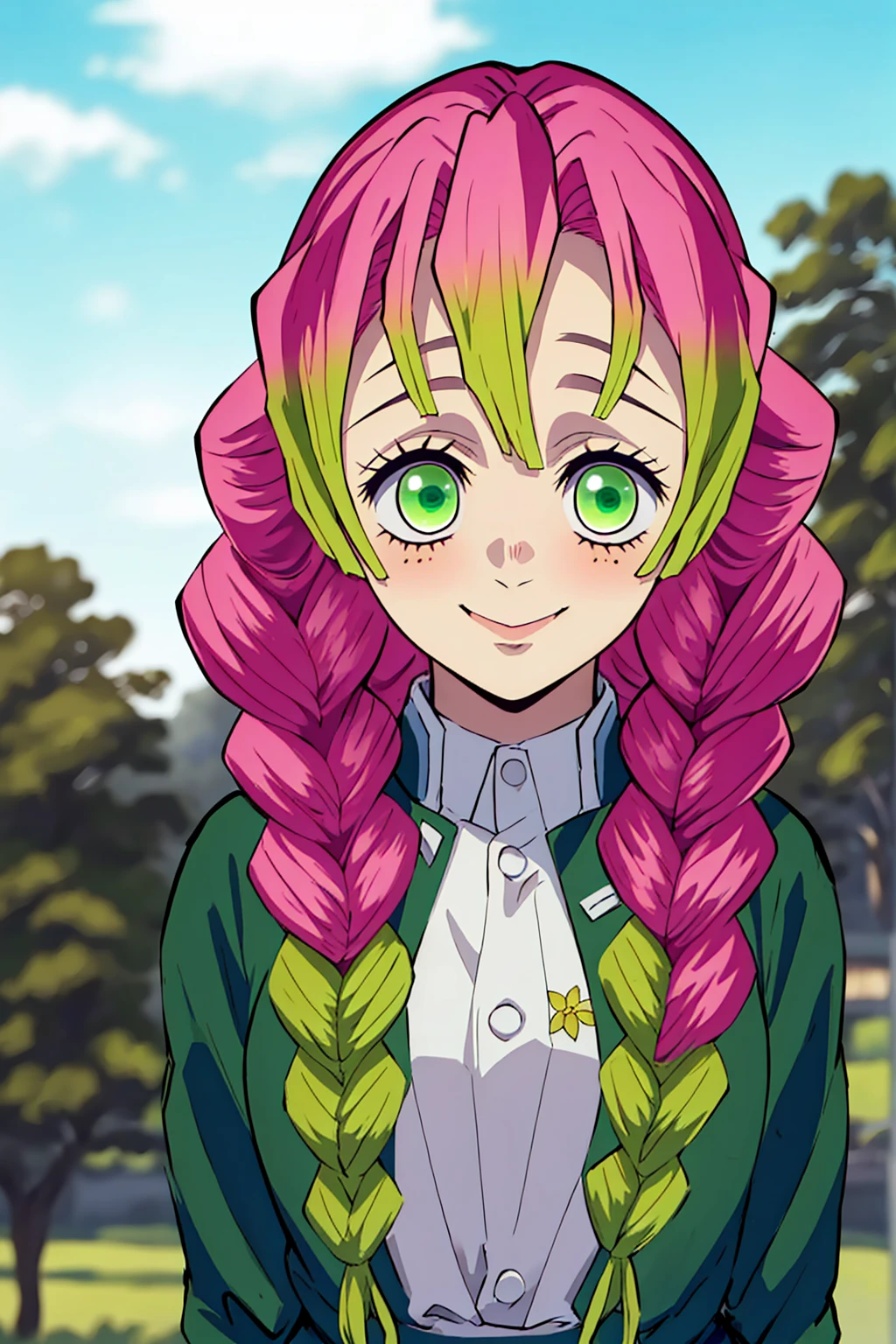 (Masterpiece - Ultra-Detailed, High Resolution) kanroji mitsuri, demon slayer, 1girl, solo, upper body, nature, sky, long hair, smiling, green eyes, pink hair, braid, outdoors, green hair, mole, blurry, twin braids, mole under eye, parody, demon slayer uniform, peitos grandes, decote