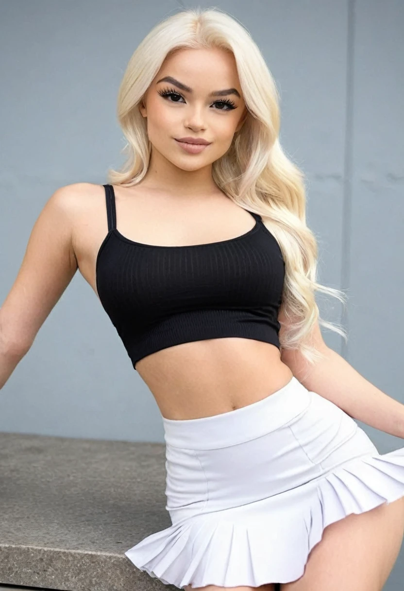 ((high quality:1.2)), (8k), extremely detailed, ((High detail:1.2)), ((best resolution:1.4)), (Elsa Jean), Solo, (((24 years old brazilian brunette female))), ((crop top, pencil micro-skirt)), 