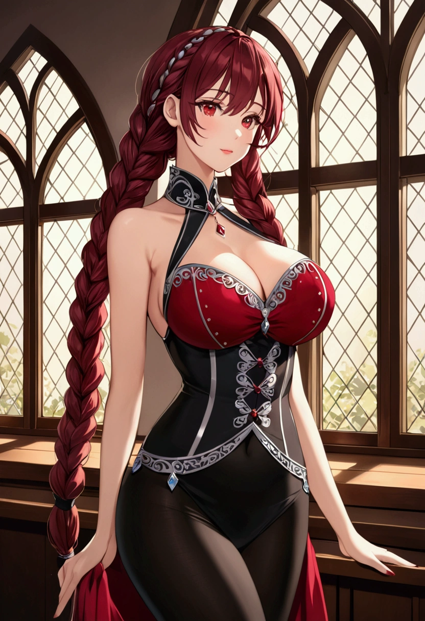 Masterpiece, best quality, 1_woman, (Caucasian skin_complexion) long double hair braids, dark red hair, diamond shaped eyes, , large_bust, chest window, cleavage double button breast, long dark red silver trim, black tights, (fancy dress), small waist