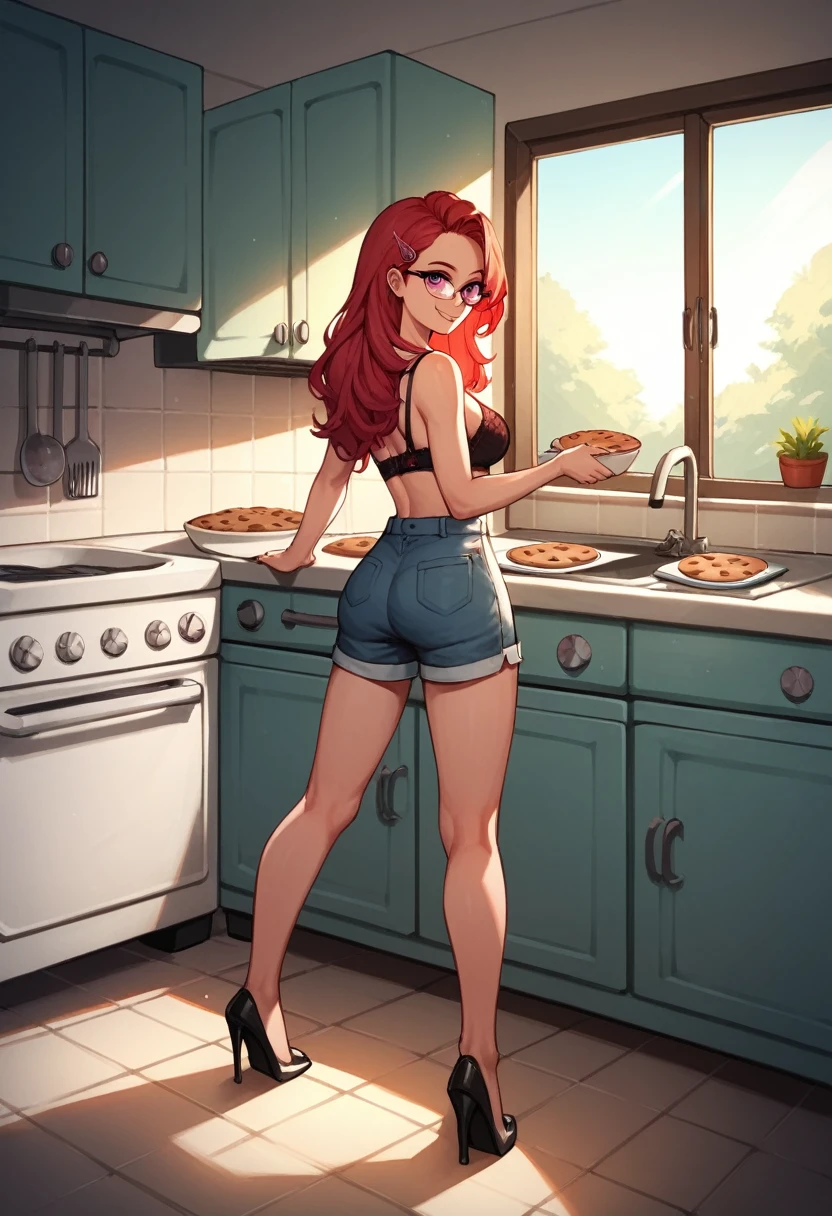 score_9, score_8_up, score_7_up, score_6_up, score_5_up, score_4_up, source_anime, 1woman, worth, oven, fridge, dishwasher, sink, cooking, Looking at the viewer, red hair, long hair, hairpin, pink eyes, glasses, smile, clean hair, shirts, Shoulders are open, bra, shorts, black high heels, day, cookies, kitchen, best quality, best res, 4K UHD,