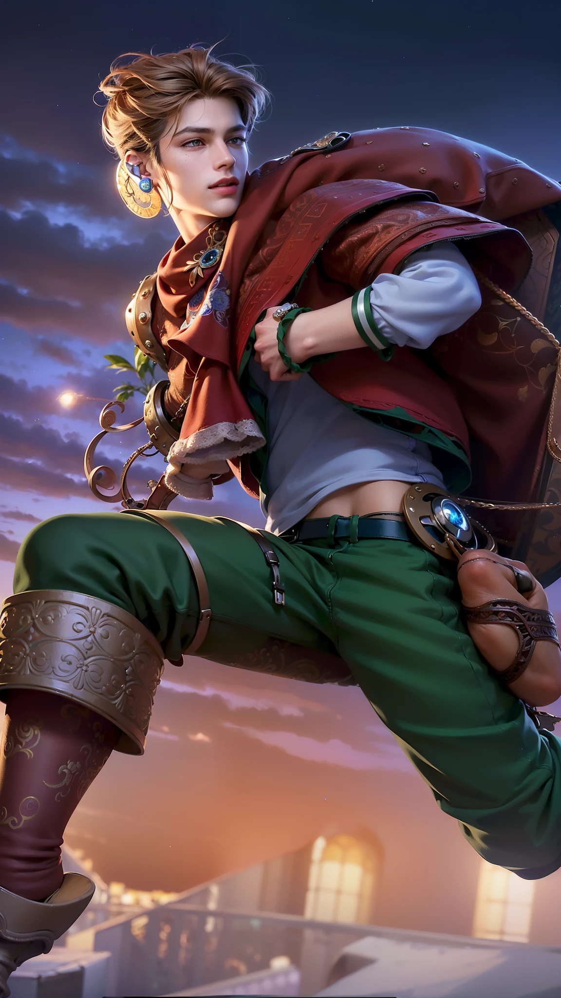 cool male, masterpiece, ((perfect eyeest quality, (semirealism:1.9), beautiful lighting, (extremely detailed CG unity 4k fhd wallpaper), High Detail, Sharp focus, dramatic outdoors, 1 boy ,,brown hair, look side,light purpel eyes, smile.