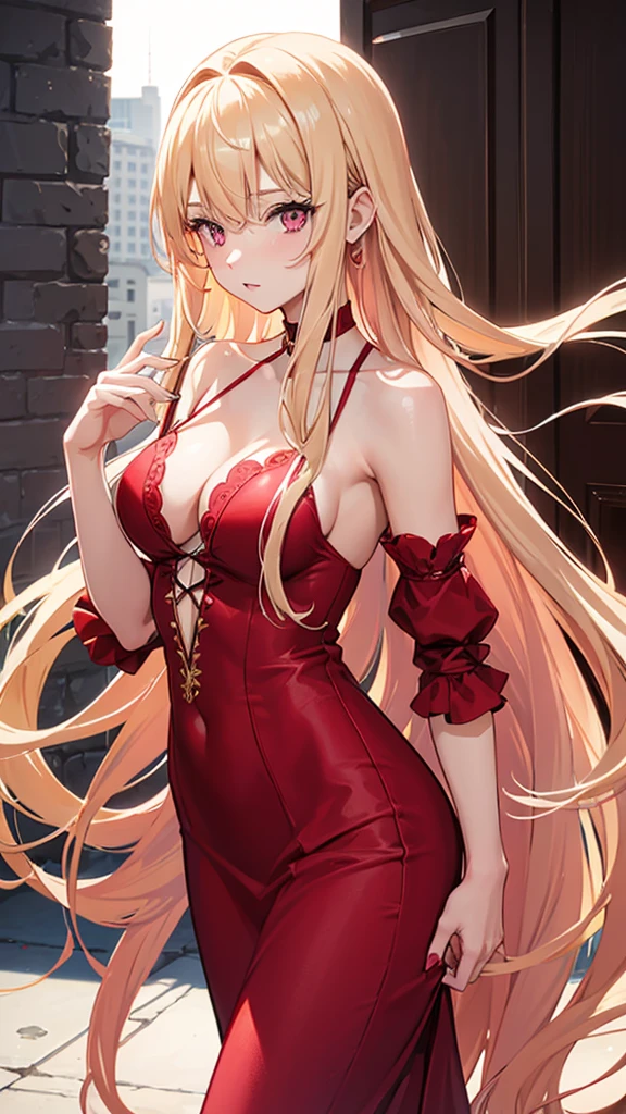 (((Adult woman))), pink eyes, long blonde hair, beautiful red dress