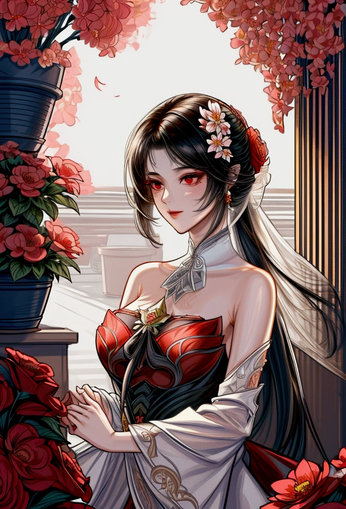 extremely delicate and beautiful, Amazing, finely detail, masterpiece, ultra-detailed, highres,best illustration, best shadow,intricate,sharp focus,  high quality, 1female, solo, black hair. red eyes, kaveh genshin impact, flowershop front, flowers in pots, flowers for sale