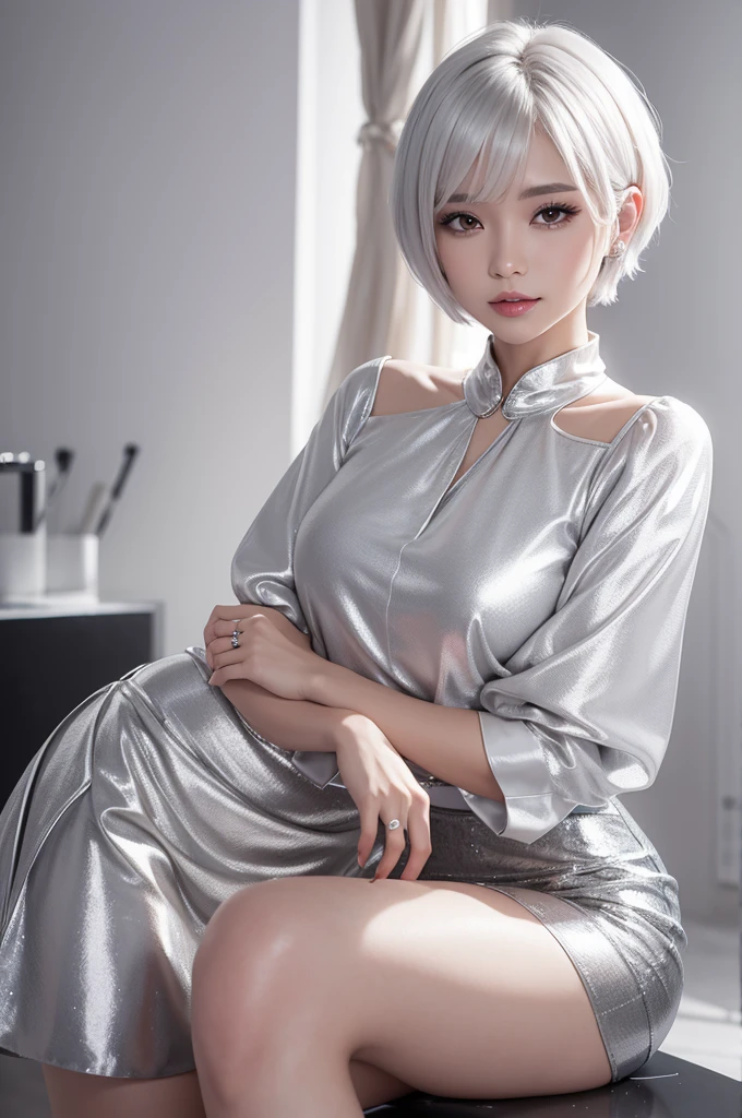 One with short white hair with a silver blouse and a silver skirt