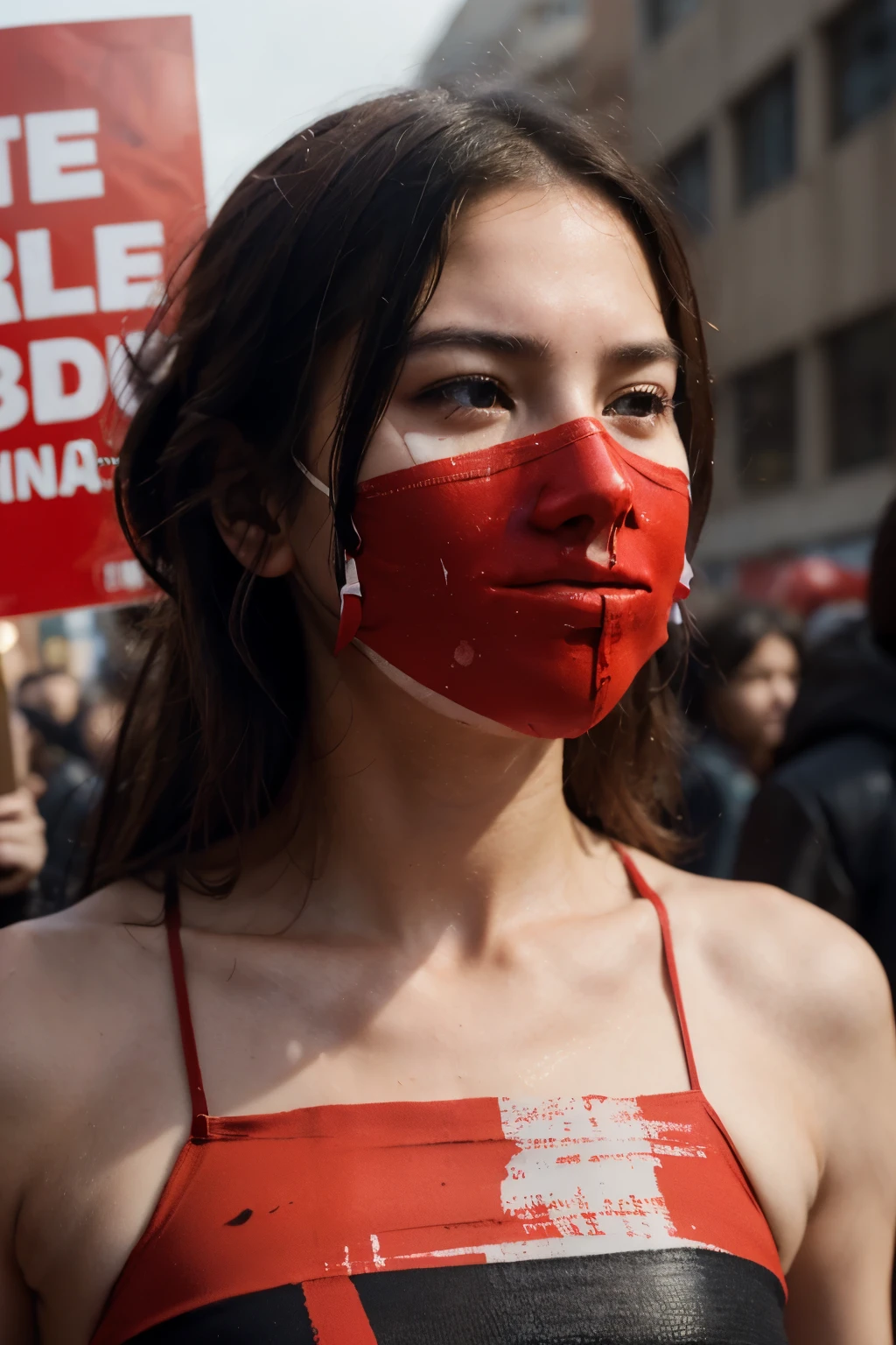 Create a realistic digital artwork of a student protester. The student should be shown with red paint covering their eyes and mouth, symbolizing censorship and repression. The expression on their face should convey a sense of determination and defiance. The background can be blurred or abstract, highlighting the central figure. The overall mood of the image should reflect the intensity and urgency of the protest.
