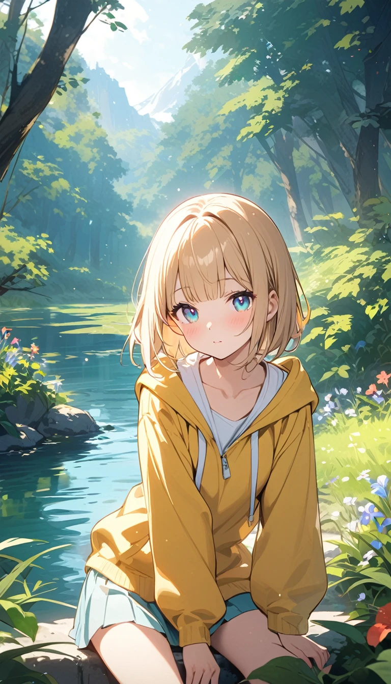 (1 girl),(Best Picture Quality, 8K, Masterpiece:1.3), (Middle school students:1.5), ((yellow beige lob hair:1.1)), (bob cut),(blunt bangs:1.3), (cute eyes, pupil black, iris orange, youthful face),(standard weight), (small breasts), (glistening skin:1.2),(pale skin:1.2),(yellow simple hoodie),(mini skirt),BREAK standing by a misty lake, surrounded by a mystical forest, BREAK morning light, soft and ethereal, illuminating the scene, BREAK springtime, fresh greenery and blooming flowers, BREAK soft pastel colors, BREAK long shot, showing the girl and the entire scene, BREAK looking at the lake, BREAK tranquil and serene atmosphere,(summer season).