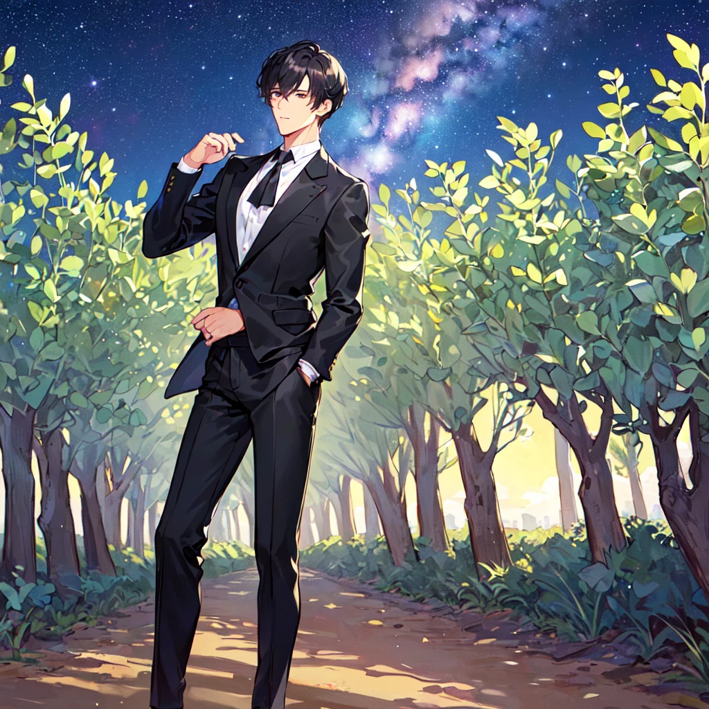 masterpiece,best quality,high quality,(1 male austere handsome solo adult age 30 years old:1.5), purple eyes, cool with suspended eyes, V-shaped eyebrows, body strong and fearless 8.5 head tall, height 185cm, (well-groomed black short hair down to neck:1.4), (bangs 1.4), slender nose, facial muscles, throat, (black suit and pants: 1.3), (stylish pose), (mourning: 1.3), (background olive grove: 1.3), (Milky Way Night Sky: 1.3)