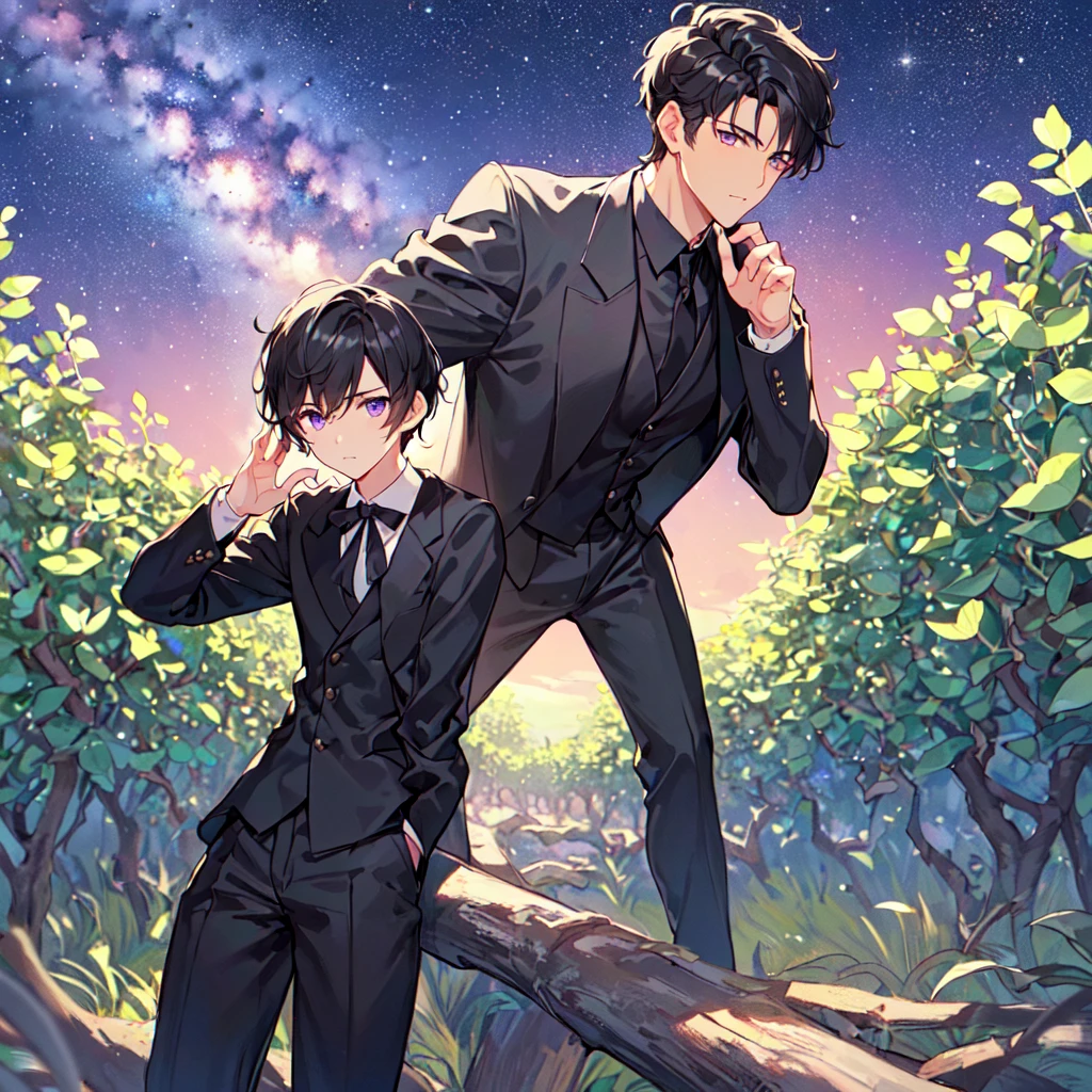masterpiece,best quality,high quality,(1 male austere handsome solo adult age 30 years old:1.5), purple eyes, cool with suspended eyes, V-shaped eyebrows, body strong and fearless 8.5 head tall, height 185cm, (well-groomed black short hair down to neck:1.4), (bangs 1.4), slender nose, facial muscles, throat, (black suit and pants: 1.3), (stylish pose), (mourning: 1.3), (background olive grove: 1.3), (Milky Way Night Sky: 1.3)