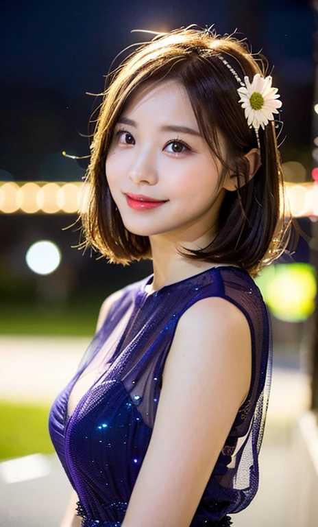(a beautiful woman, 3, Tokyo Tower, wearing a purple see-through dress, White daisy hair accessories, short disheveled hair, super definition face, fine eyes with double eyelids, dimpled kind smile, beautiful lips, fair skin, super cute and soft face, brown hair, soft toned body, ample round bosomresolution, super realistic, super definition, highest definition, masterpiece, night bokeackground, SFW)