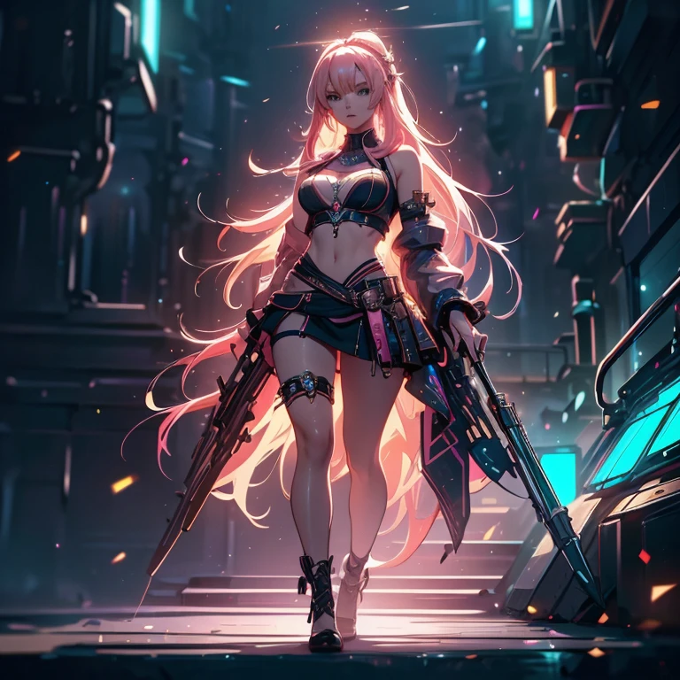(artwork, highest quality, highest resolution, distinct_image, detailed details): (8K, 4K, best quality, High resolution: 1.2), artwork, Ultra-detailed, hyper details, cinematic Light, Alone, woman, long pink hair, small and tight bra, mini skirt, clothes with futuristic details, highlighting the breasts, perfect body, thin waist, heroine pose, mature, perfect face, full body, looking at the viewer, detailed_background, full_body, dynamic_angle