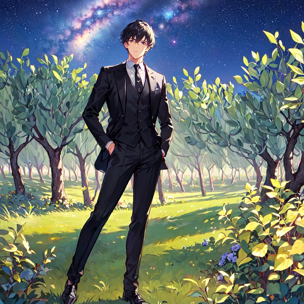 masterpiece,best quality,high quality,(1 male austere handsome solo adult age 30 years old:1.5), purple eyes, cool with suspended eyes, V-shaped eyebrows, body strong and fearless 8.5 head tall, height 185cm, (well-groomed black short hair down to neck:1.4), (bangs 1.4), slender nose, facial muscles, throat, (black suit and pants: 1.3), (stylish pose), (mourning: 1.3), (background olive grove: 1.3), (Milky Way Night Sky: 1.3)