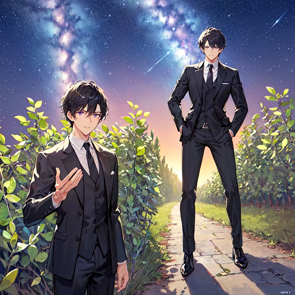 masterpiece,best quality,high quality,(1 male austere handsome solo adult age 30 years old:1.5), purple eyes, cool with suspended eyes, V-shaped eyebrows, body strong and fearless 8.5 head tall, height 185cm, (well-groomed black short hair down to neck:1.4), (bangs 1.4), slender nose, facial muscles, throat, (black suit and pants: 1.3), (stylish pose), (mourning: 1.3), (background olive grove: 1.3), (Milky Way Night Sky: 1.3)