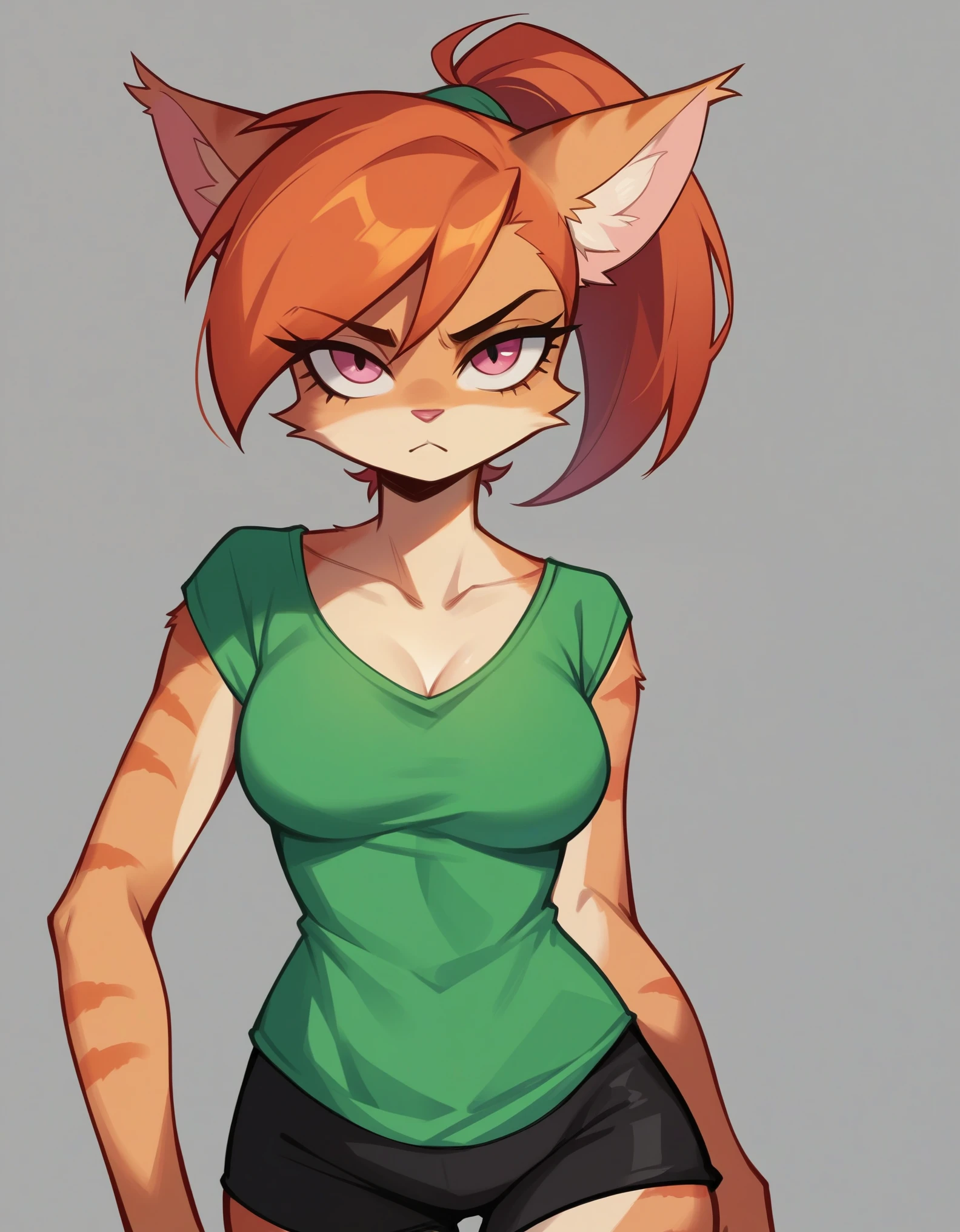 score_9, score_8_up, score_7_up, score_6_up, score_5_up, score_4_up, source_anime, source_furry, kemono style, Anthro, Vicky from fairly odd parents, she is an Anthro furry feline cat girl, orange tabby cat girl, cat snout, pink nose, pink eyes, red hair in a ponytail, green shirt, black shorts, pouting, 