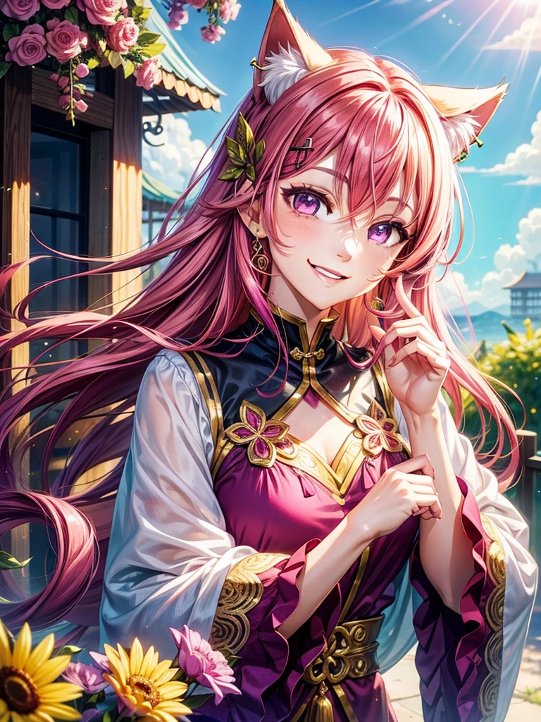 Magenta hair, hazel eyes, older woman, hair jewel ornament, cat ears, long hair, smiling face, bright colors, chines clothes, pastel colors