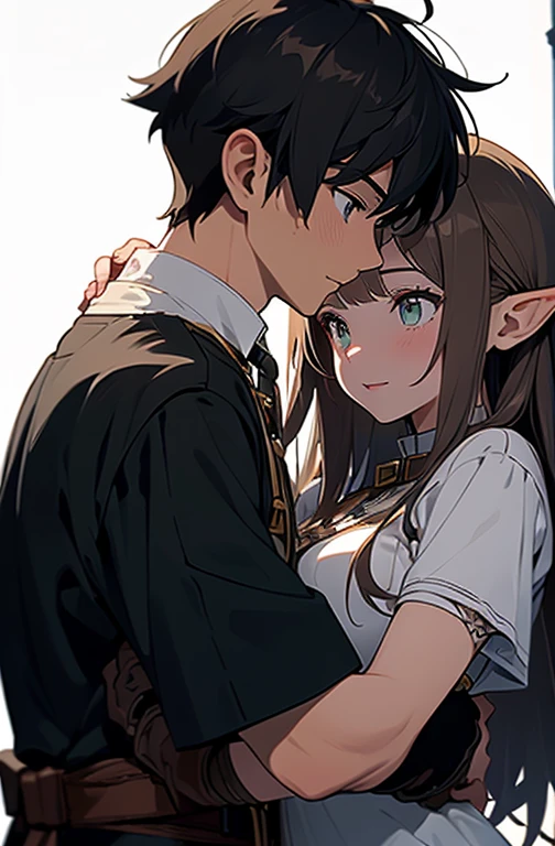 (artistry, best qualityer, ultradetailed, high resolution, 4K),(beautiful detailed eyes),(very highly detailed face),HDR, A handsome 21 year old boy, brown colored hair, brown colored eyes, wearing a white medieval elven shirt, white shirt, hugging a beautiful girl, 19yearsold, long hair, greeneyes, brownhair, Longhaire, a gray stripe on a margin, elf ear, black gloves, Elven Clothing, realisitic.