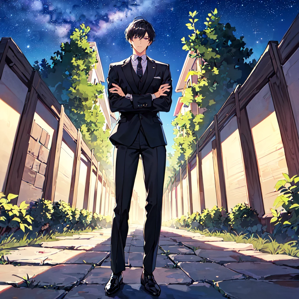 masterpiece,best quality,high quality,(1 male austere handsome solo adult age 30 years old:1.5), purple eyes, cool with suspended eyes, V-shaped eyebrows, body strong and fearless 8.5 head tall, height 185cm, (well-groomed black short hair down to neck:1.4), (bangs 1.4), slender nose, facial muscles, throat, (black suit and pants: 1.3), (stylish pose), (mourning: 1.3), (background olive grove: 1.3), (Milky Way Night Sky: 1.3)