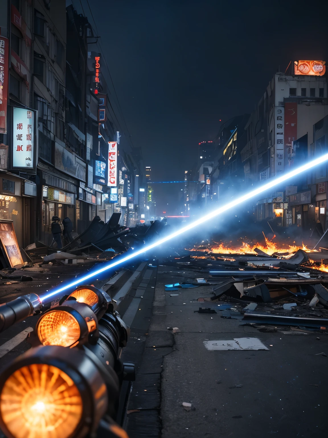 (masterpiece:1.2, Best Quality:1.2), 8K wallpaper, cinematic lighting, professional lighting, ultra High resolution, hyper realistic photograph, RAW photo, ((((ultra realistic exterior of destroyed Dotonbori street, broken buildings, ultra detailed exterior of destroyed Dotonbori street, fired & burning everywhere, downtown district, Osaka, apocalypse atmosphere, dark atmosphere)))), sitting on shabby bench, (zoom up angle, close up angle), front view, looking at viewer, (((this i street is attacked by blue laser beam))),