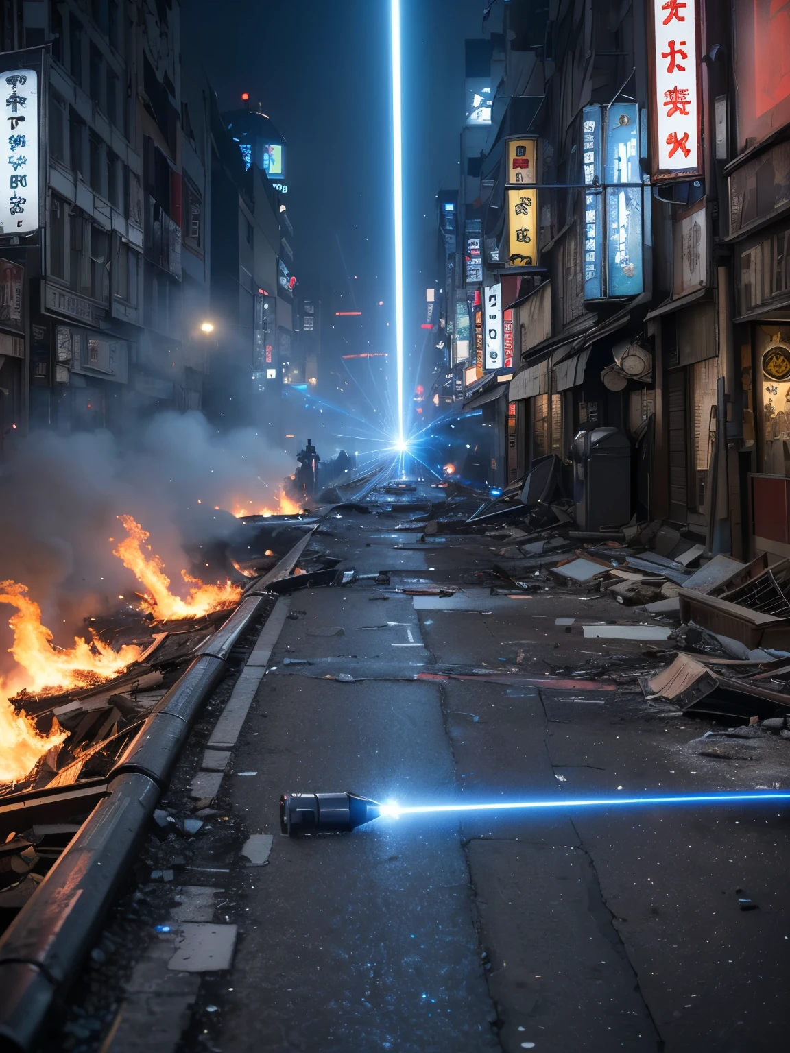 (masterpiece:1.2, Best Quality:1.2), 8K wallpaper, cinematic lighting, professional lighting, ultra High resolution, hyper realistic photograph, RAW photo, ((((ultra realistic exterior of destroyed Dotonbori street, broken buildings, ultra detailed exterior of destroyed Dotonbori street, fired & burning everywhere, downtown district, Osaka, apocalypse atmosphere, dark atmosphere)))), sitting on shabby bench, (zoom up angle, close up angle), front view, looking at viewer, (((this i street is attacked by blue laser beam))),