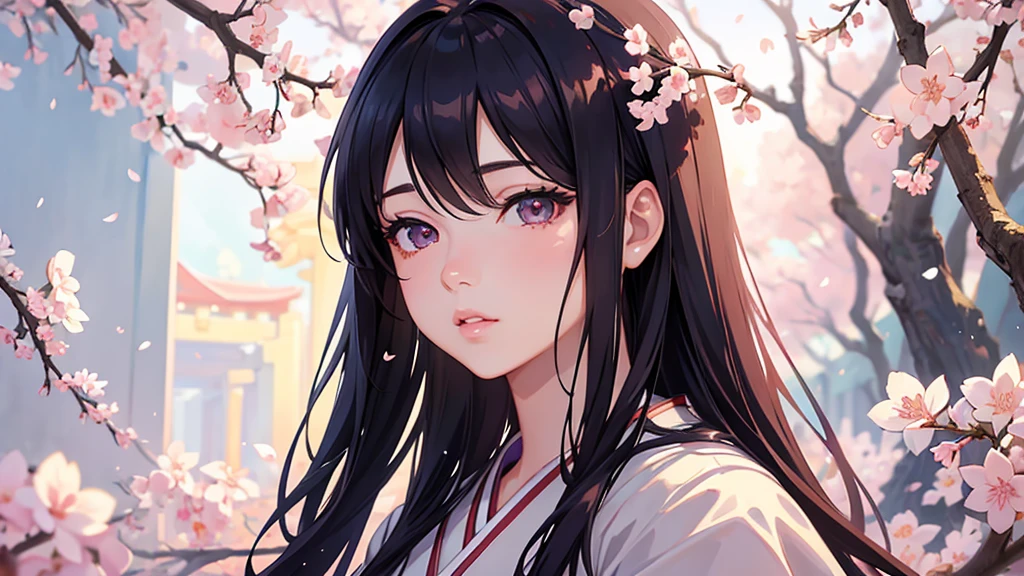 anime girl, starry sky, cherry blossoms, japanese arches, detailed background, beautiful detailed eyes, beautiful detailed lips, extremely detailed face and portrait, long eyelashes, photorealistic, cinematic lighting, vibrant colors, fantasy, highly detailed, 8k, masterpiece