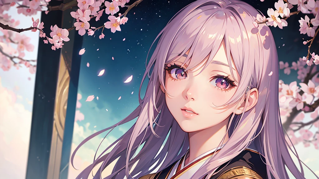 anime girl, starry sky, cherry blossoms, japanese arches, detailed background, beautiful detailed eyes, beautiful detailed lips, extremely detailed face and portrait, long eyelashes, photorealistic, cinematic lighting, vibrant colors, fantasy, highly detailed, 8k, masterpiece