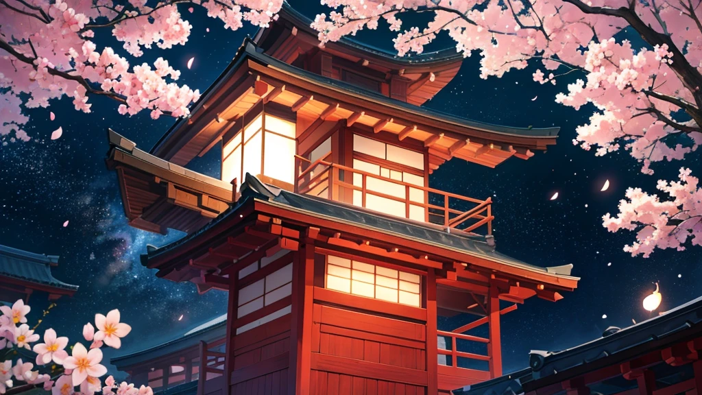 japanese cenario , starry sky, with cherry trees , japanese bows, cenario