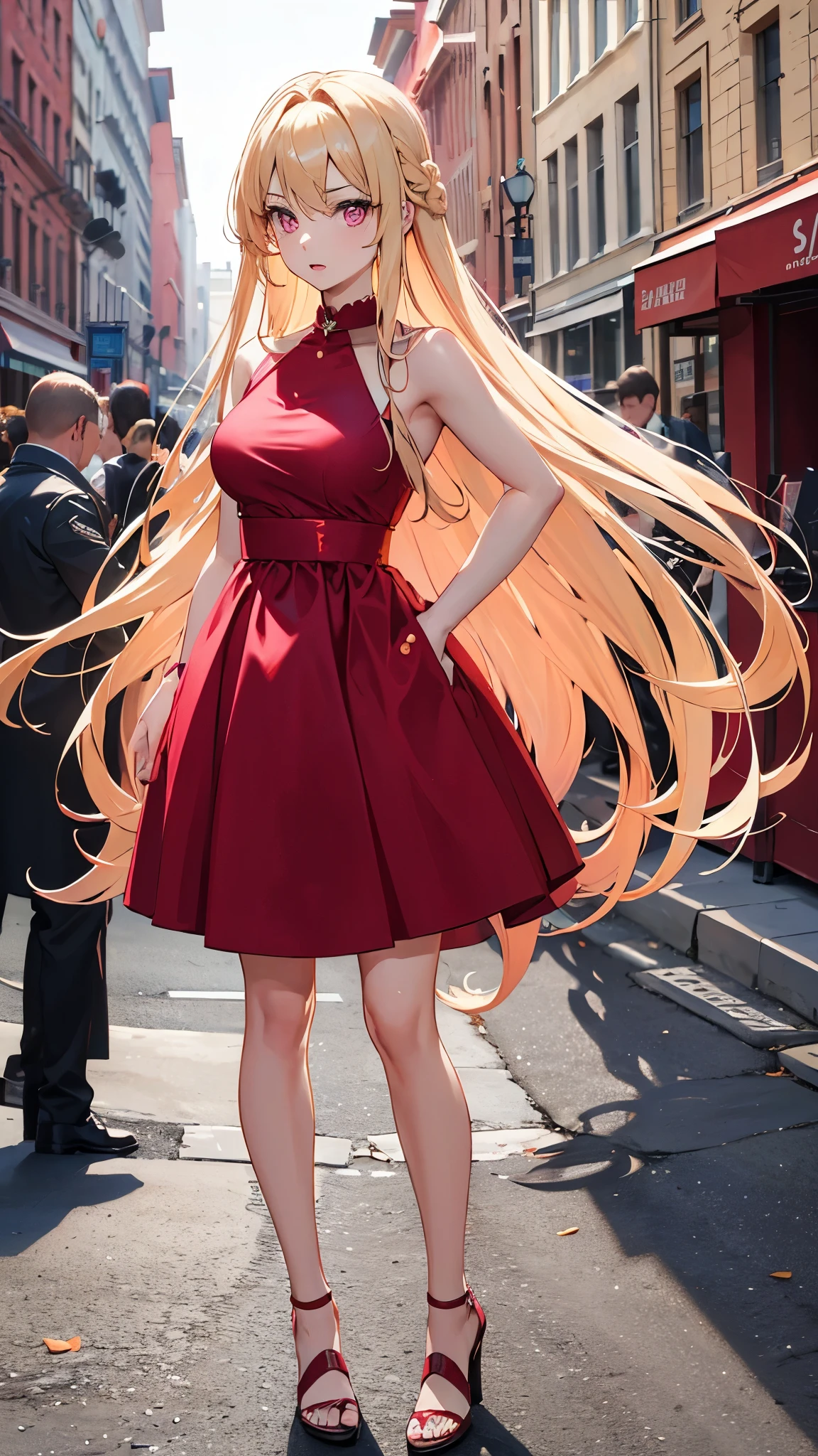 (((Adult woman))), pink eyes, long blonde hair, beautiful red dress, standing 