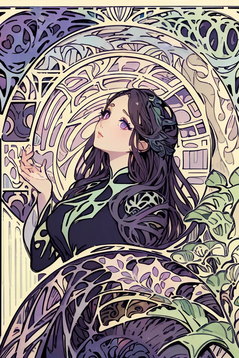 masterpiece, Absurd, Highest quality, Very detailed, High resolution, Detailed illustrations, Bright colors, (Beautifully detailed face and eyes, Delicate and beautiful face, 1 girl, Beautiful face:1.3), (Purple eyes:1.1), Sparkling eyes, Big eyes, Medium Hips, White skin, break, (Brown Hair:0.8), Messy Hair, Detailed Hair, Shiny Hair, Perfect lighting, (Art Nouveau:1.7), (Tangled:1.3),