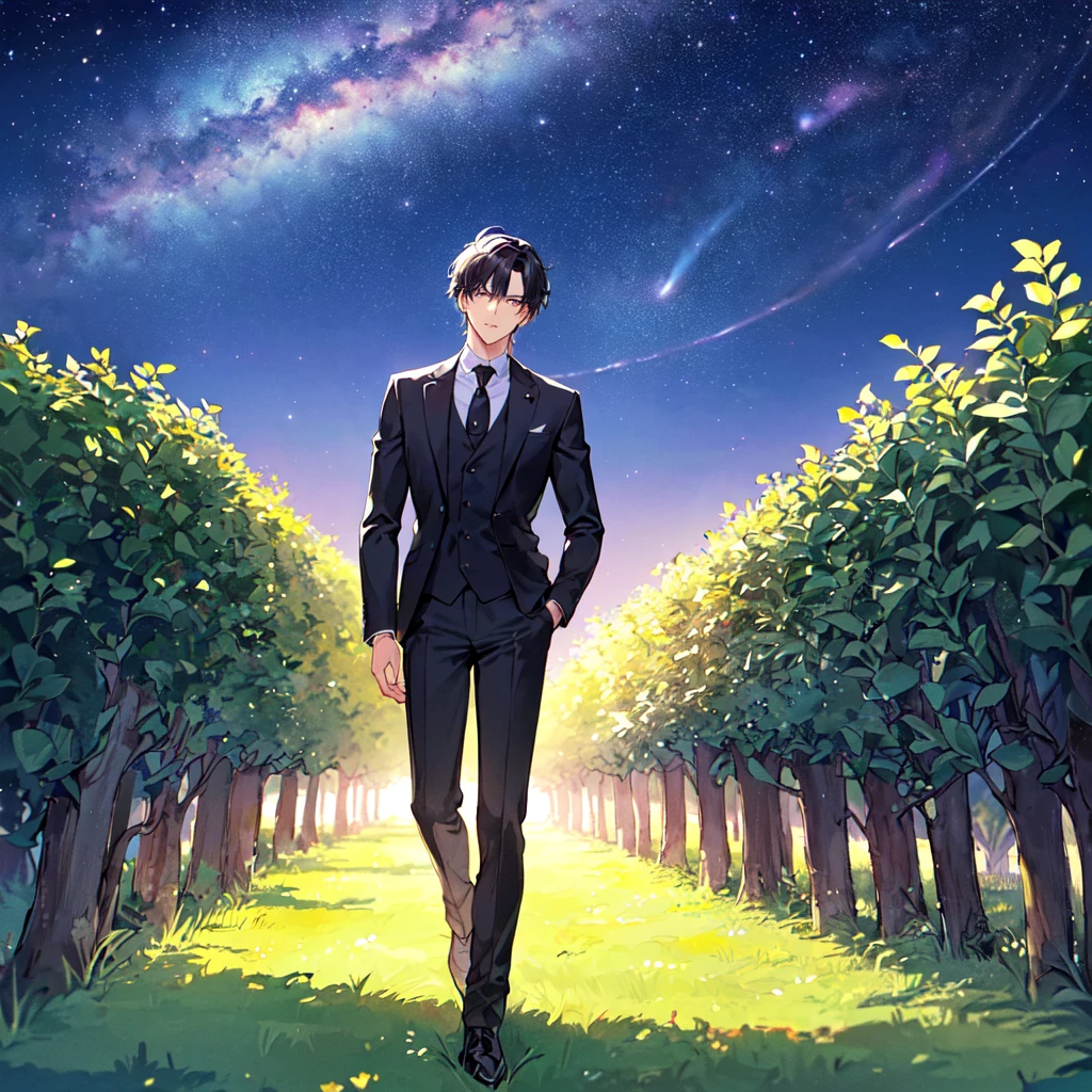 masterpiece,best quality,high quality,(1 male austere handsome solo adult age 30 years old:1.5), purple eyes, cool with suspended eyes, V-shaped eyebrows, body strong and fearless 8.5 head tall, height 185cm, (well-groomed black short hair down to neck:1.4), (bangs 1.4), slender nose, facial muscles, throat, (black suit and pants: 1.3), (stylish pose), (mourning: 1.3), (background olive grove: 1.3), (Milky Way Night Sky: 1.3)