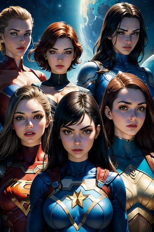 (masterpiece, best quality), dans l'univers moderne, un plan large, a team of 5 female superheroes, multiples personnages, with a bunch of superheroes, several superheroes, original superhero