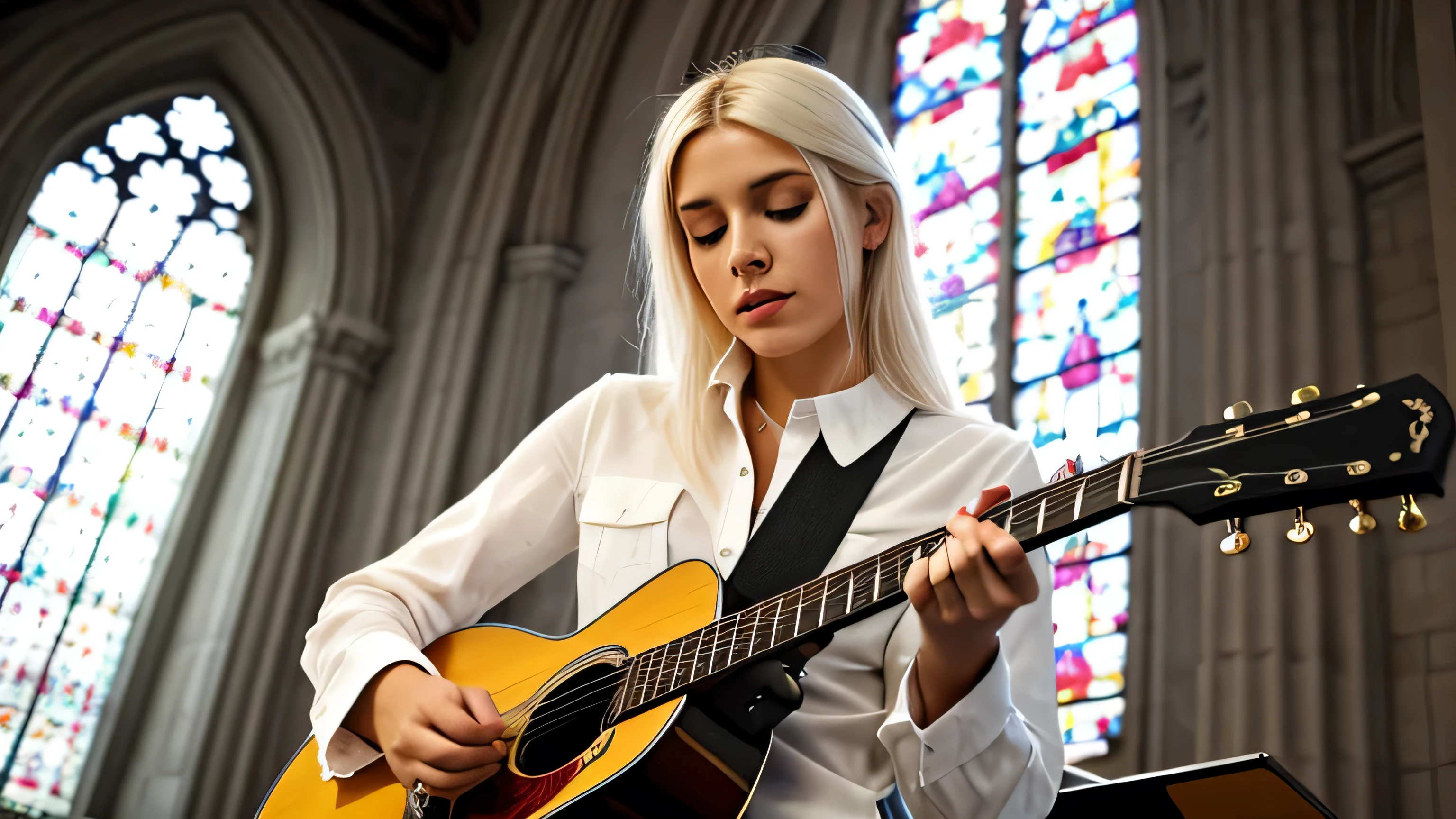 8k, best qualityer, work of art, realisitic, ultra dealhe, photo-realisitic, higher quality, photo of a singer in the modern church, picking with microphone and guitar, white blonde hair, photorealisitic
