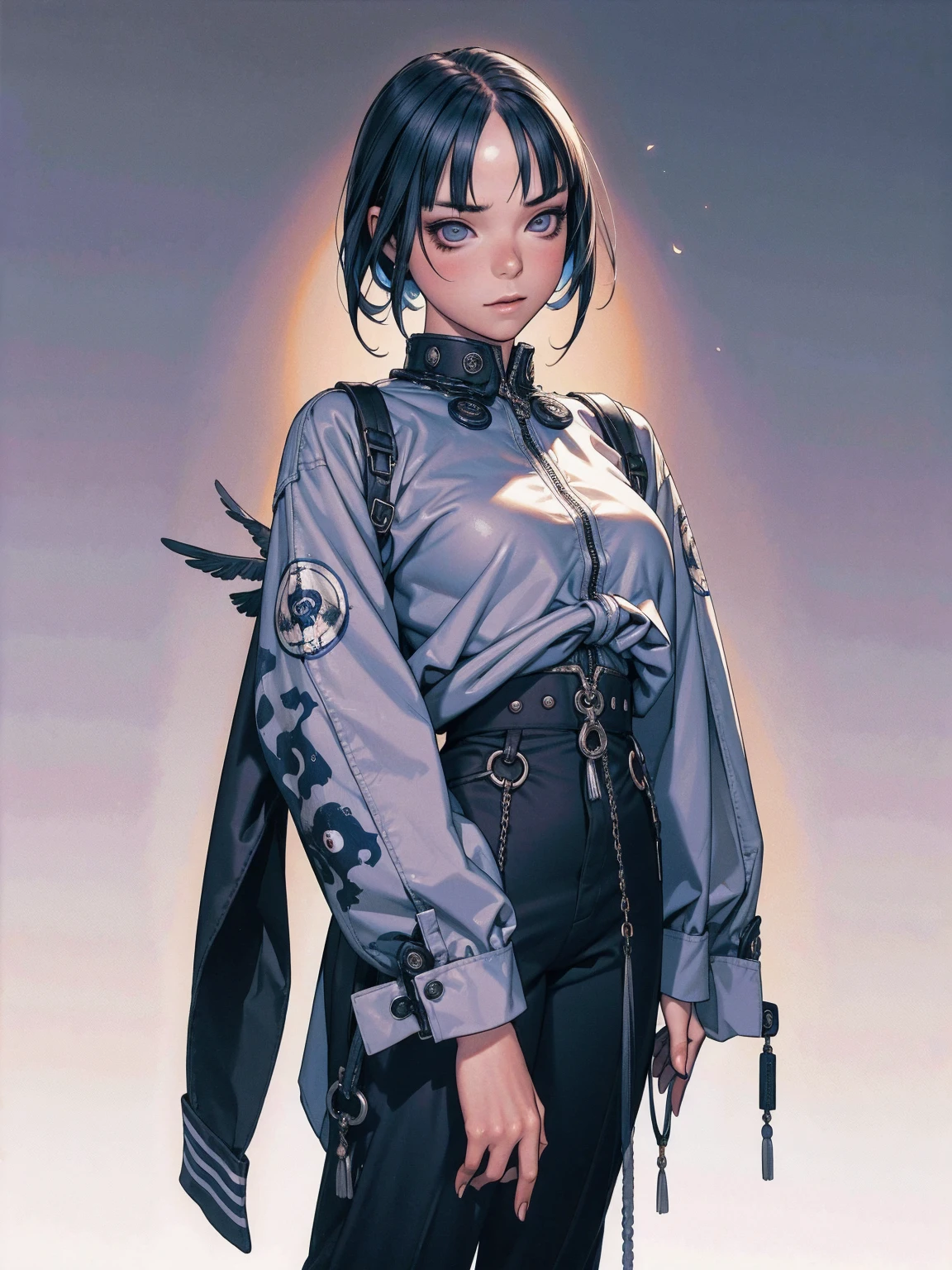 (best qualityer))), (((manga strokes))), (((navy color clothes))), (((black bob hair with straight bangs and blue highlights))), (((baggy pants with bone print))), uma Kizi jovem muito bem vestida com roupas modernas de inverno, pants with camouflage pattern, top gift vertical stripes, short jacket with dark fur collar, beautiful and expressive face, slightly-smile, big eyes with long black eyelashes, heavy make-up, chains and zippers spread across clothes, contrasting colours, pose de atitude, hair with a modern and futuristic cut, urban game poster art, dramatic camera angles, graffiti art elements in the background, design mixing contemporary and retro by Shepard Fairey, (((bird’s eye view))), (((best qualityer: 1.4))), (Unbeatable masterpiece), (hiper HD),(CG 8k hyper-realistic), Kizi, (((standing alone))), pirralha violent, (((14歳))), sexly, pose de atitude, work of art, post-apocalypse, (((manga style))), bounty hunter, violent, Manic, the way you want, slenderbody, thin but strong, perfectbody, roupa moderna, advanced technology, neon, sleeves with vertical striped pattern, neutral background, (( cowboy shot )). intricate visual